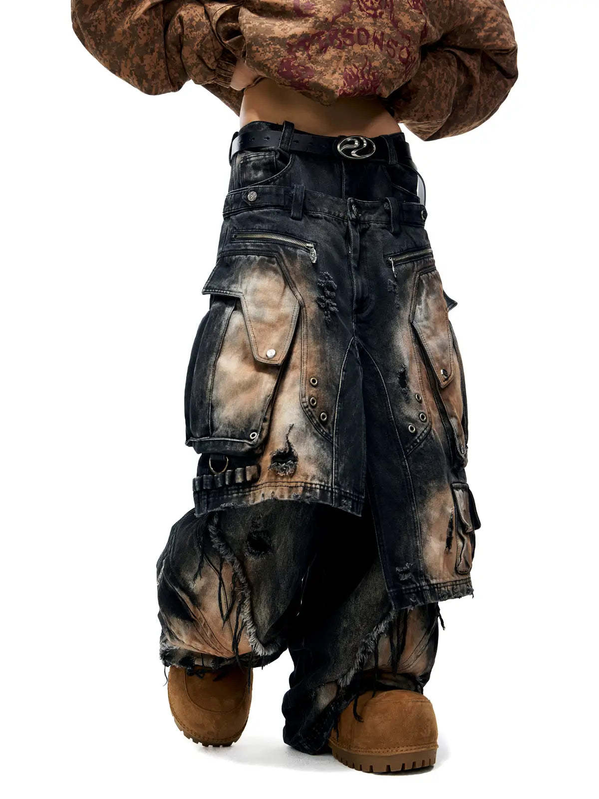 Personsoul Armor Faux Skirt Mud Dye Cargo Pants-IYAMIUIO