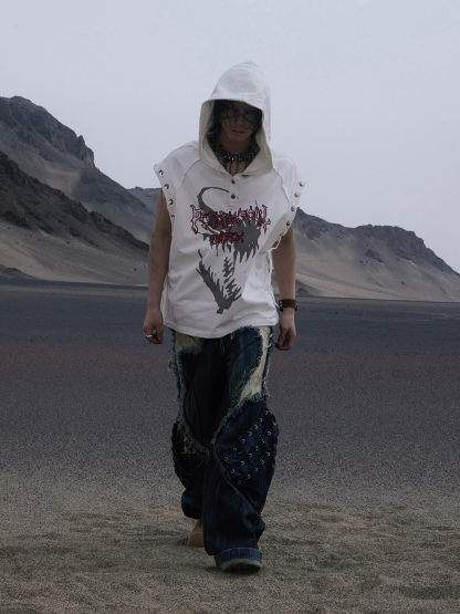 Personsoul Button Collar Hooded Sleeveless Sweatshirt-IYAMIUIO