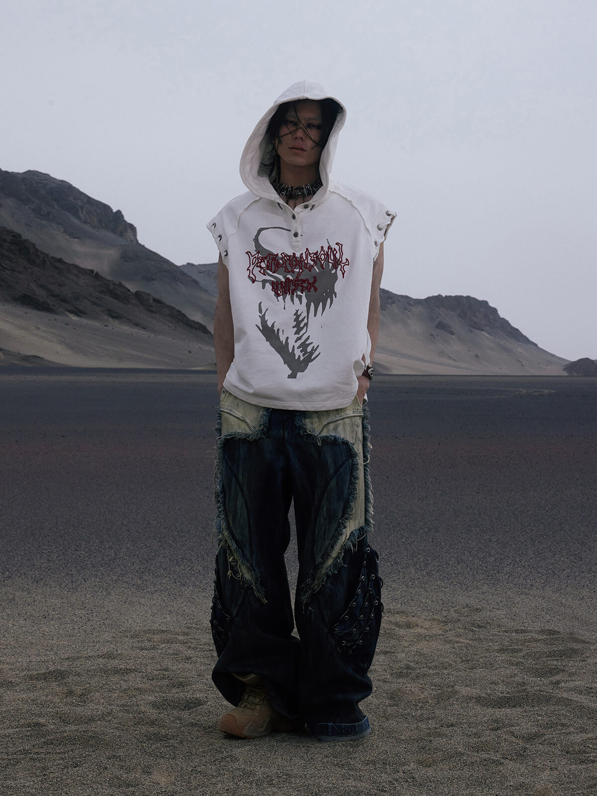 Personsoul Button Collar Hooded Sleeveless Sweatshirt-IYAMIUIO