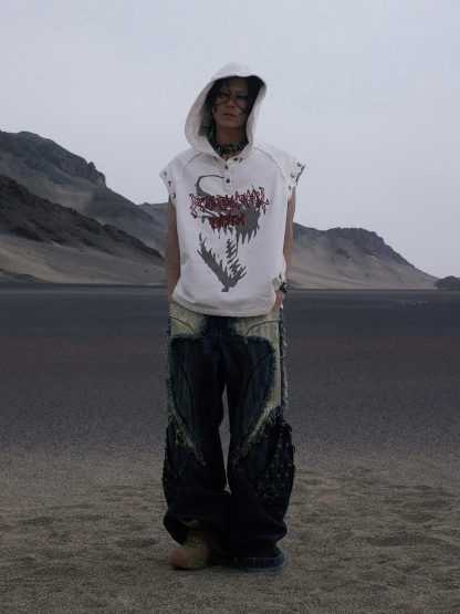 Personsoul Button Collar Hooded Sleeveless Sweatshirt-IYAMIUIO