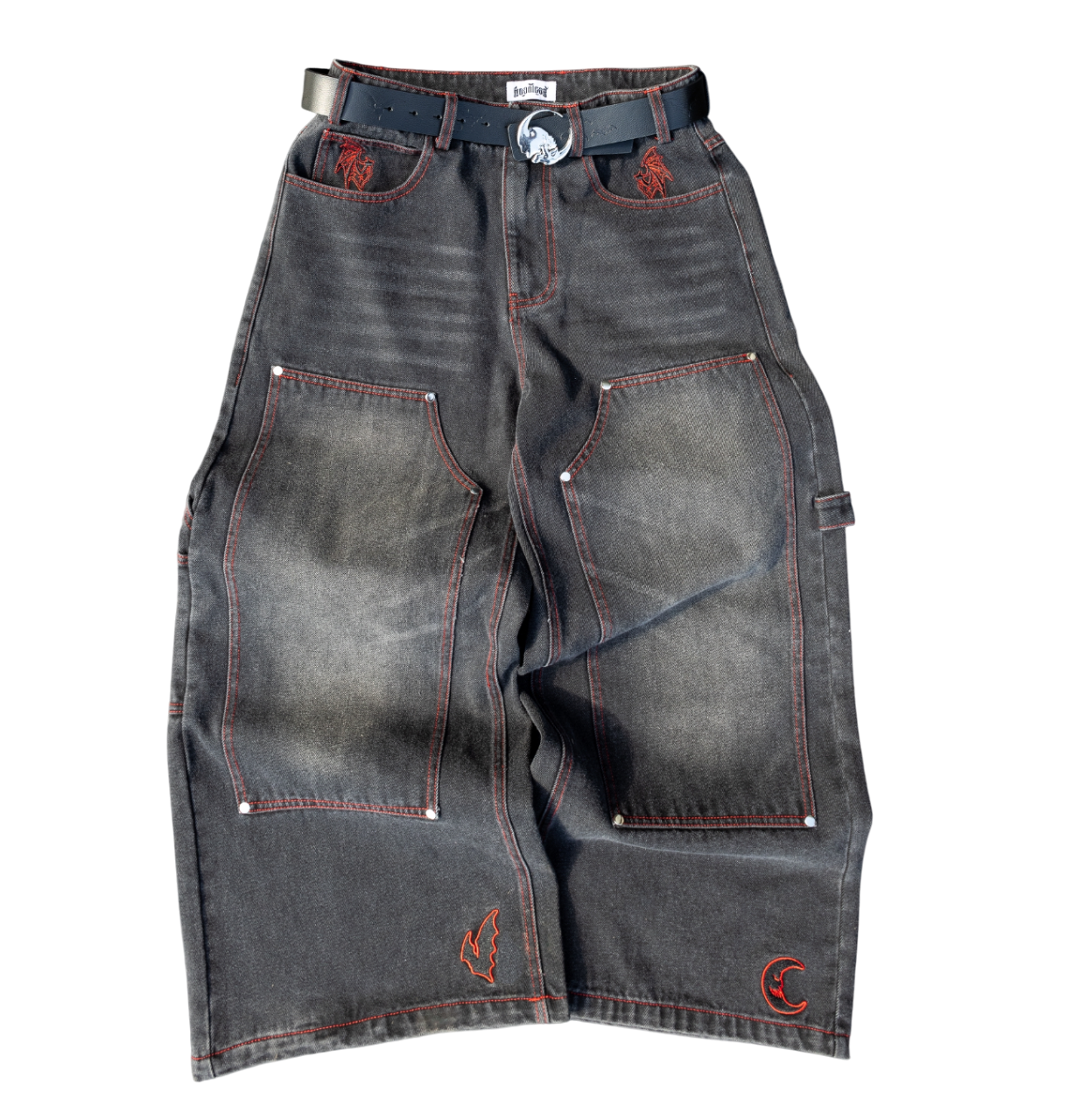 RED LOVELESS DOUBLE KNEES CARPENTER WIDE-LEG DENIMS.