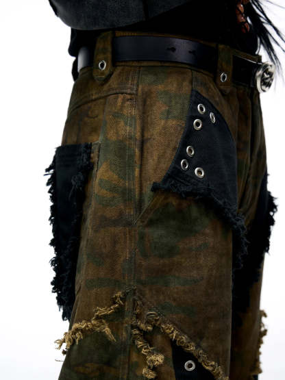 Personsoul Camo Patchwork Bootcut Jeans-IYAMIUIO