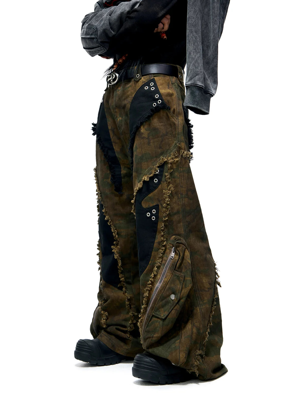 Personsoul Camo Patchwork Bootcut Jeans-IYAMIUIO