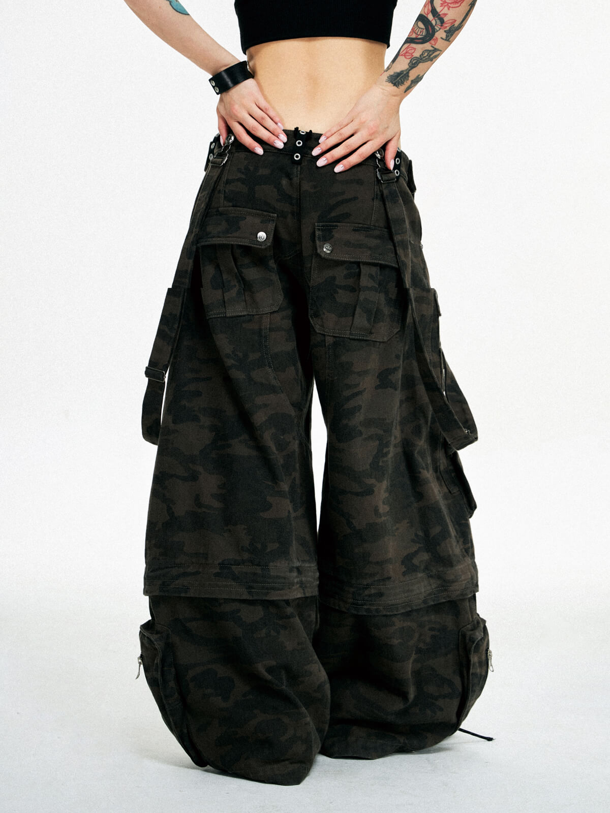Personsoul Brown Camo Overalls with Zip-Off Legs-IYAMIUIO