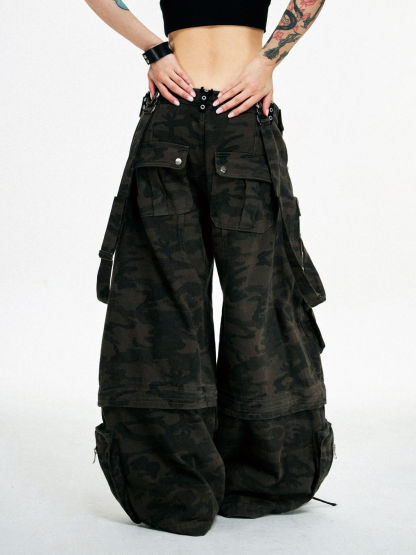 Personsoul Brown Camo Overalls with Zip-Off Legs-IYAMIUIO