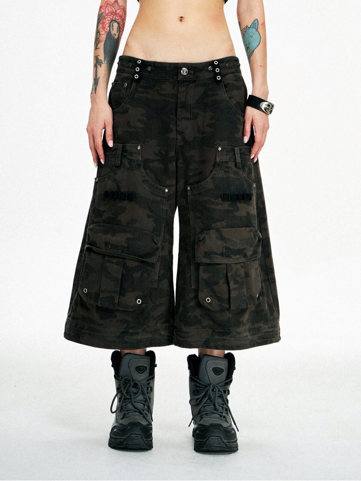 Personsoul Brown Camo Overalls with Zip-Off Legs-IYAMIUIO