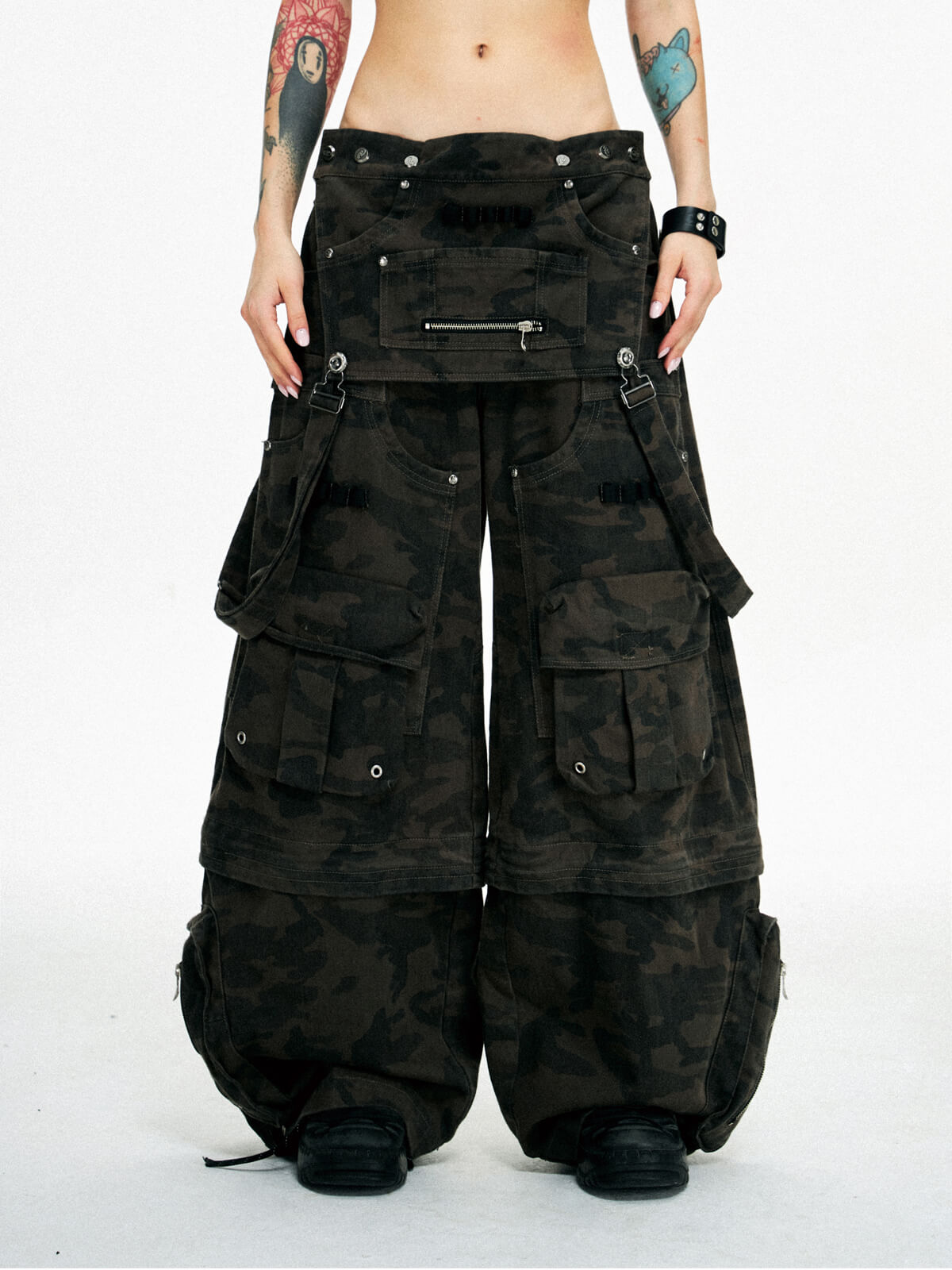 Personsoul Brown Camo Overalls with Zip-Off Legs-IYAMIUIO