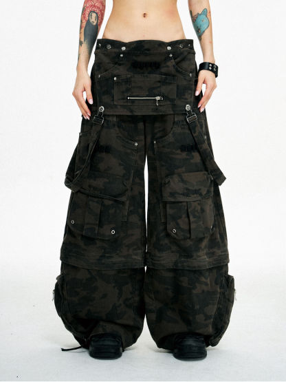 Personsoul Brown Camo Overalls with Zip-Off Legs-IYAMIUIO