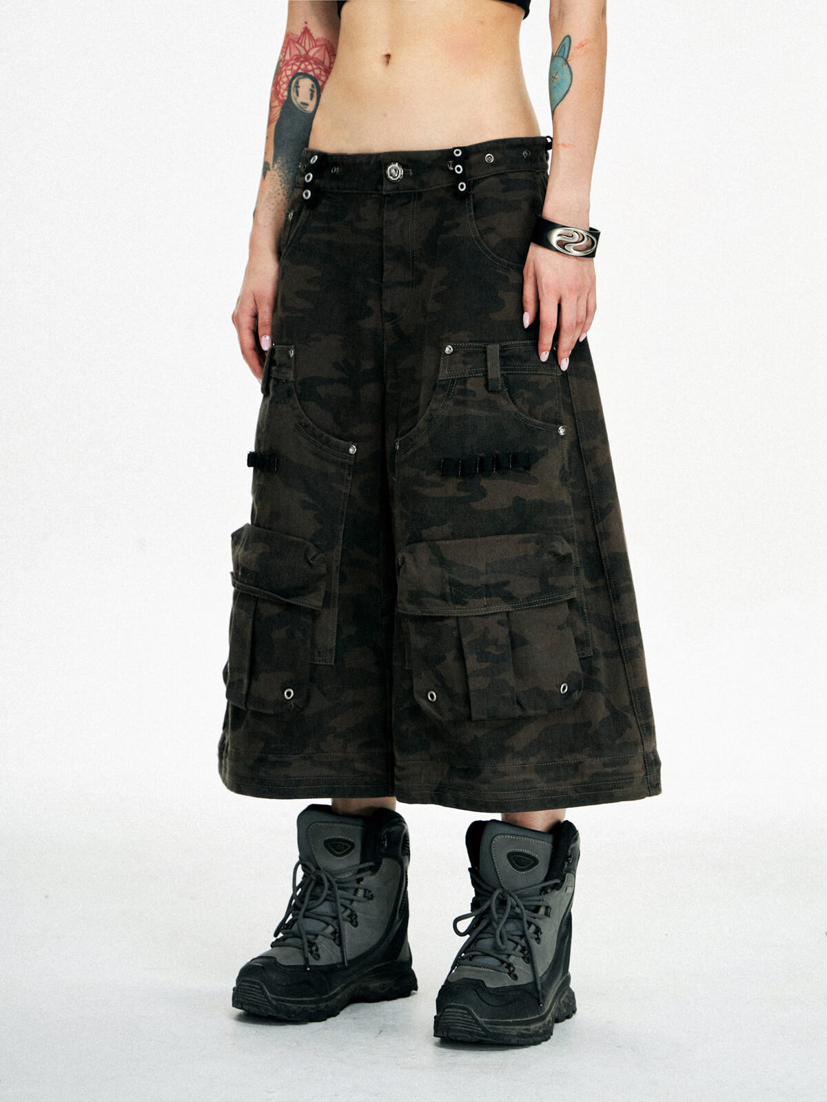 Personsoul Brown Camo Overalls with Zip-Off Legs-IYAMIUIO
