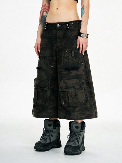 Personsoul Brown Camo Overalls with Zip-Off Legs-IYAMIUIO