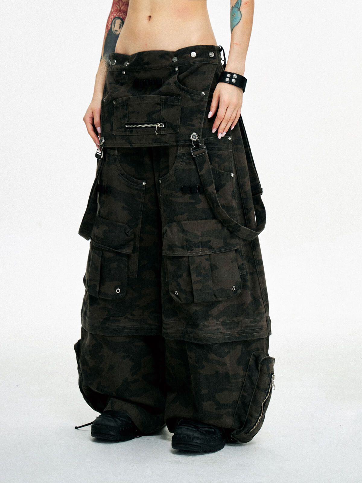 Personsoul Brown Camo Overalls with Zip-Off Legs-IYAMIUIO
