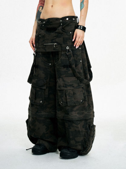 Personsoul Brown Camo Overalls with Zip-Off Legs-IYAMIUIO