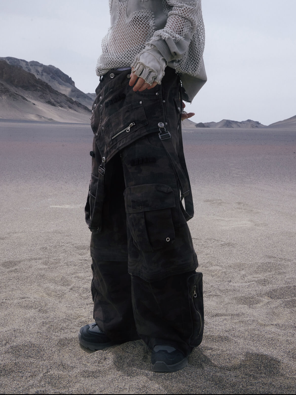 Personsoul Brown Camo Overalls with Zip-Off Legs-IYAMIUIO