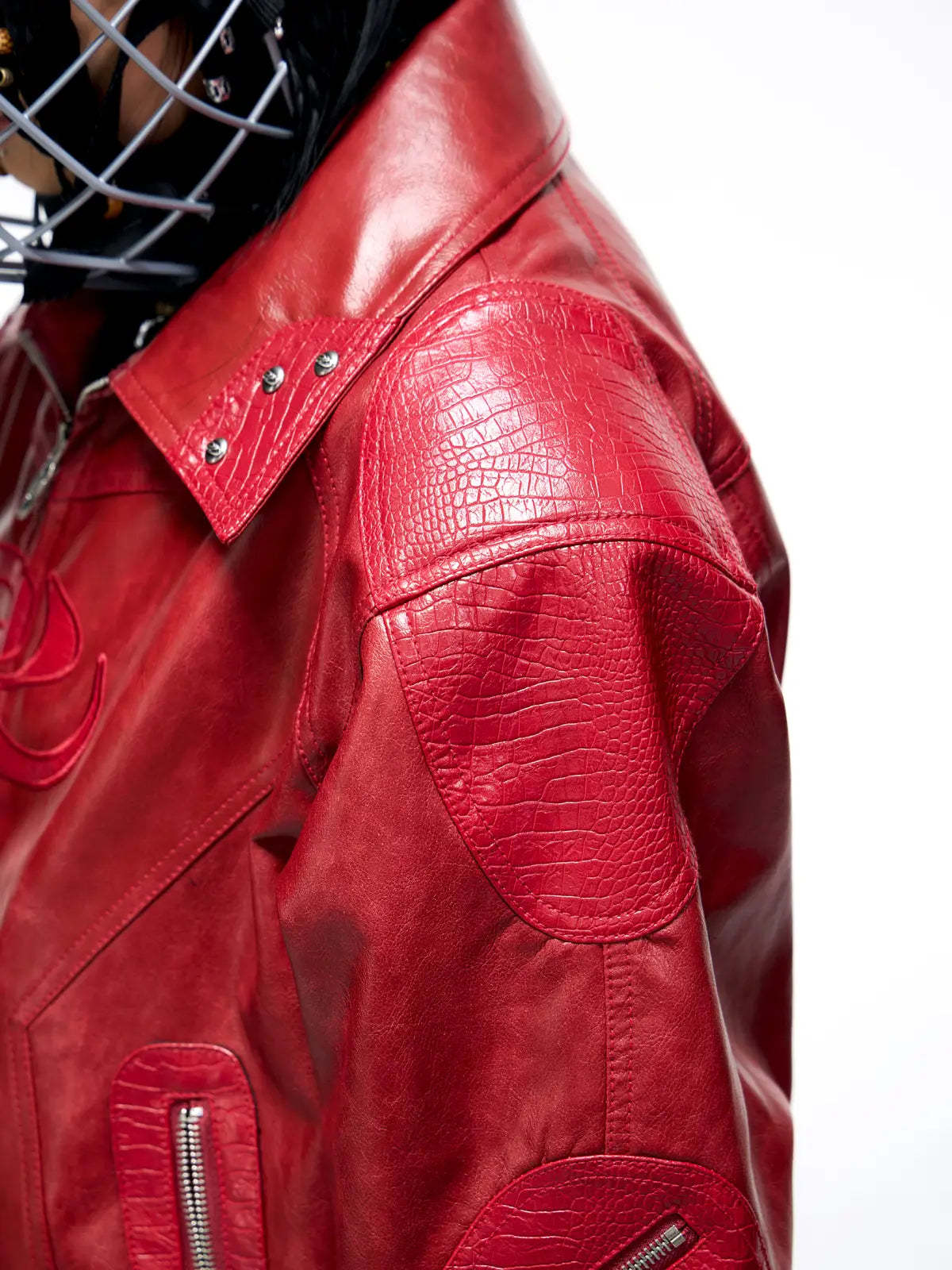 Personsoul Croc Effect Panel Leather Jacket-IYAMIUIO