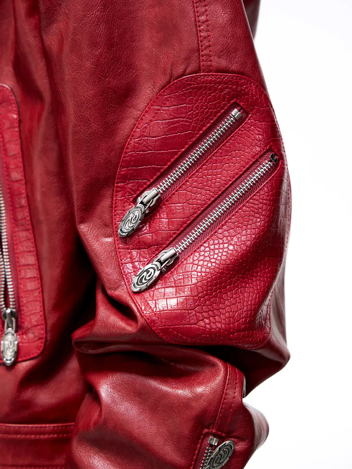 Personsoul Croc Effect Panel Leather Jacket-IYAMIUIO