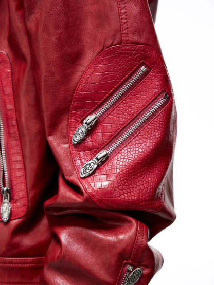 Personsoul Croc Effect Panel Leather Jacket-IYAMIUIO