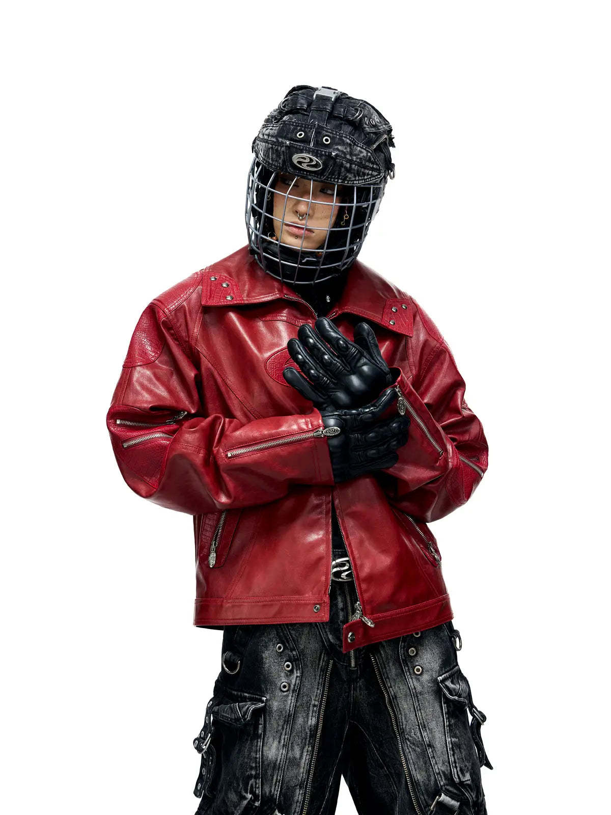 Personsoul Croc Effect Panel Leather Jacket-IYAMIUIO