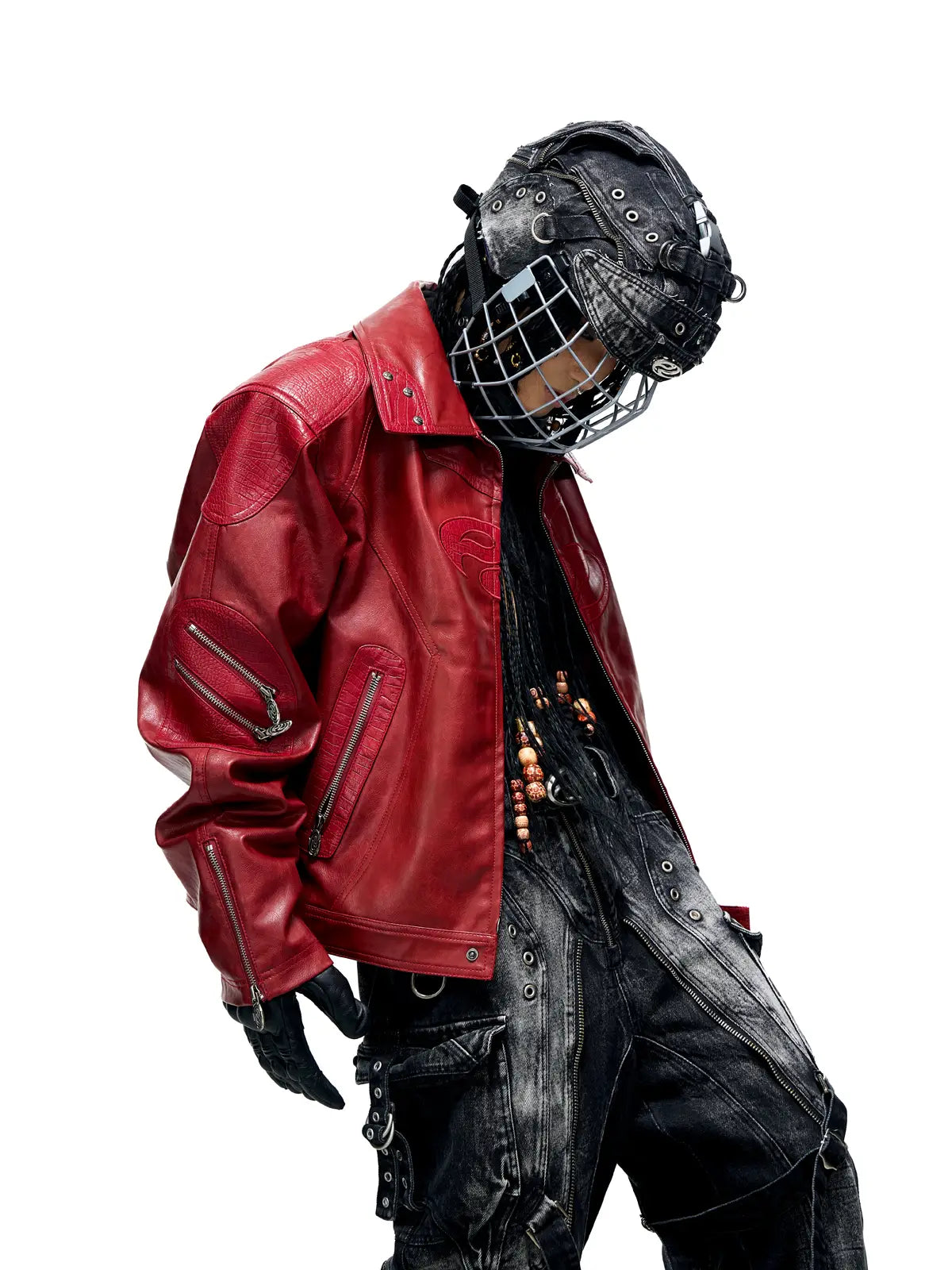 Personsoul Croc Effect Panel Leather Jacket-IYAMIUIO
