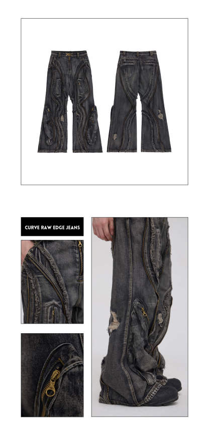 Personsoul Dirty Ripped Denim Baggy Jeans-IYAMIUIO
