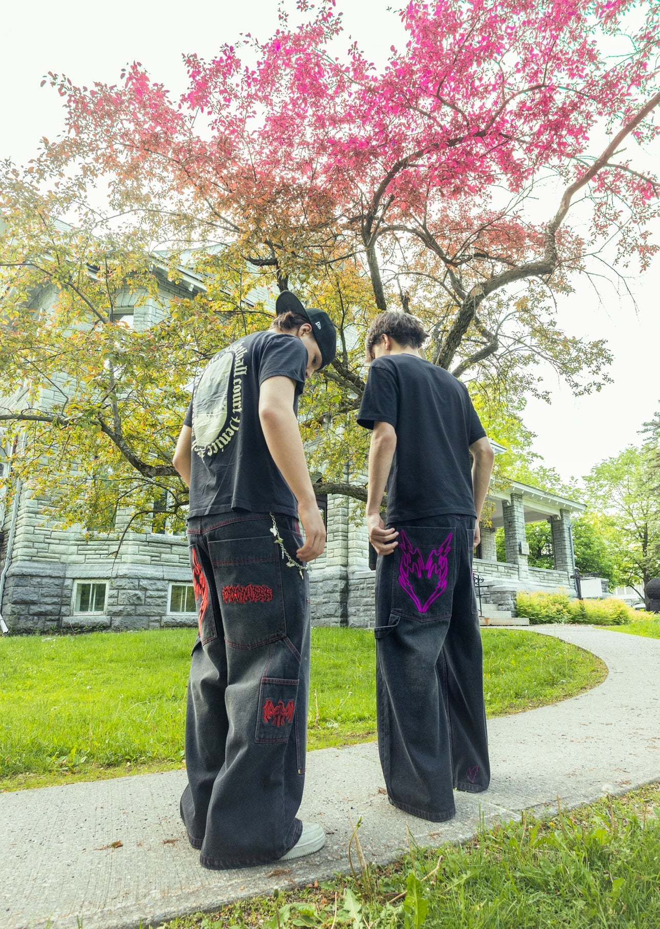 RED LOVELESS DOUBLE KNEES CARPENTER WIDE-LEG DENIMS.