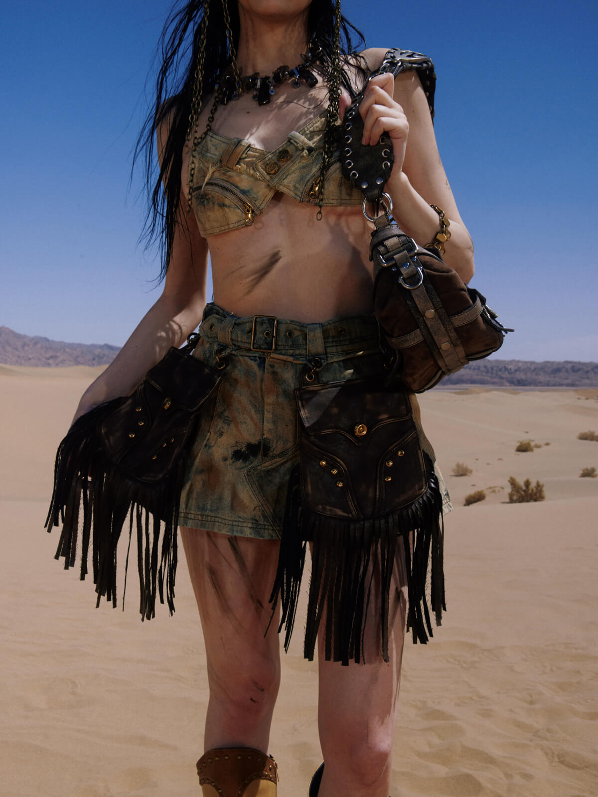 Personsoul Detachable Leather Denim Mini Skirt-IYAMIUIO