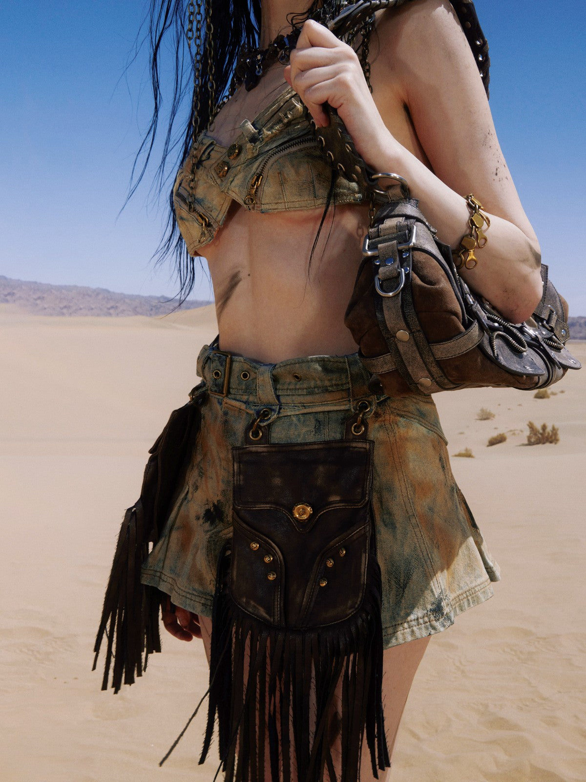 Personsoul Detachable Leather Denim Mini Skirt-IYAMIUIO