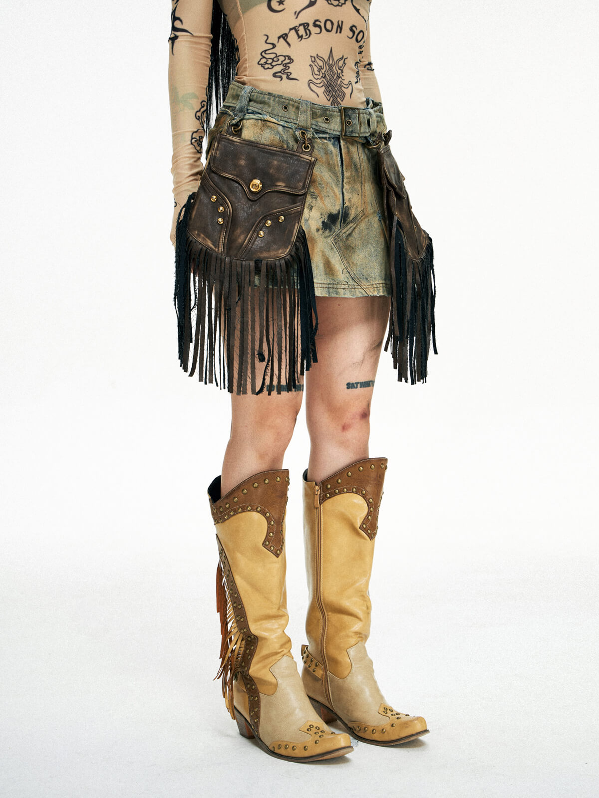 Personsoul Detachable Leather Denim Mini Skirt-IYAMIUIO