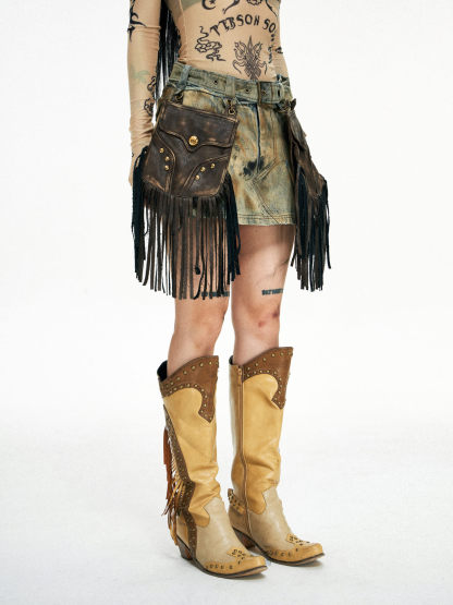 Personsoul Detachable Leather Denim Mini Skirt-IYAMIUIO