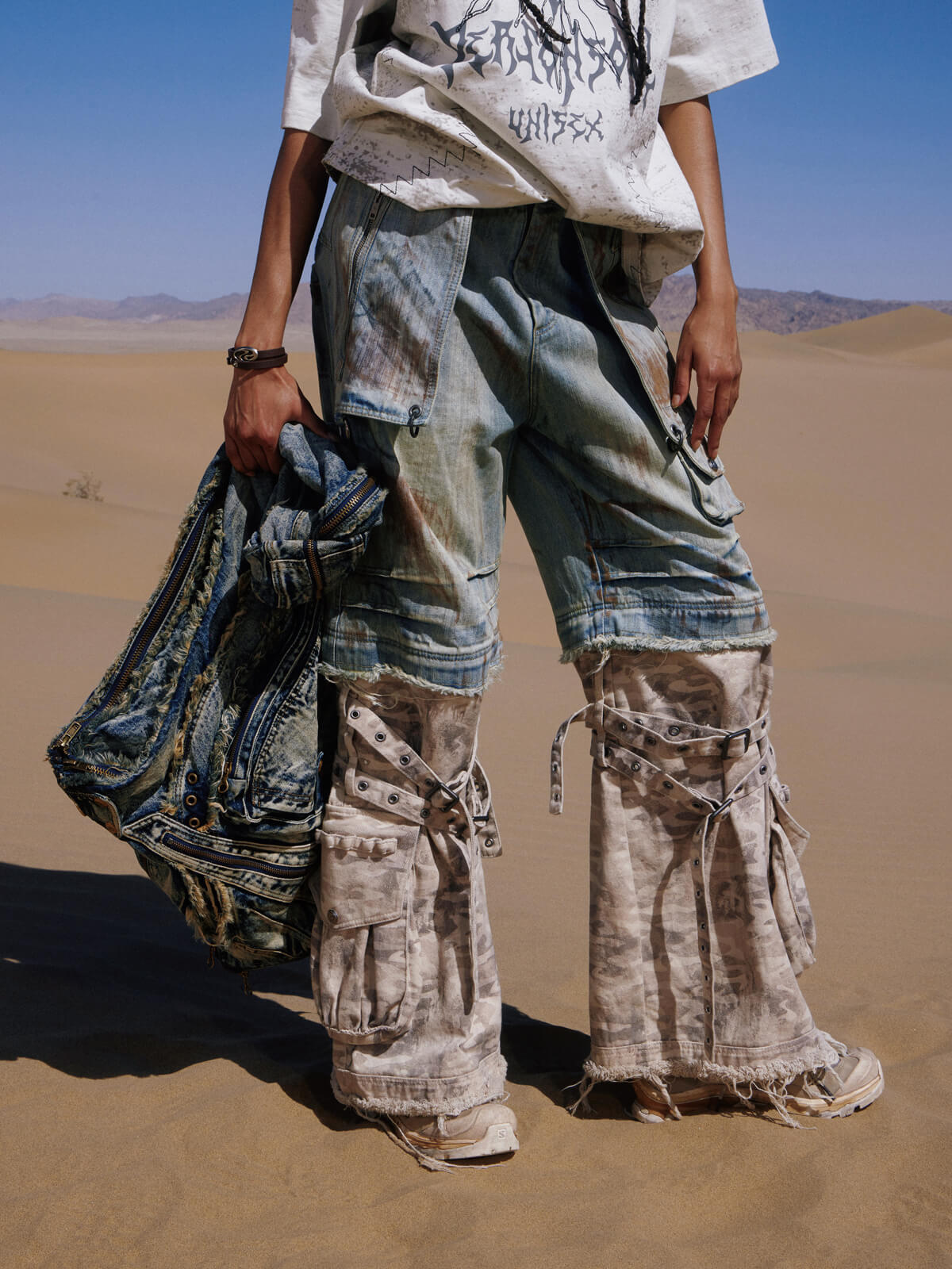 Personsoul Detachable Paneled Camo Baggy Jeans-IYAMIUIO