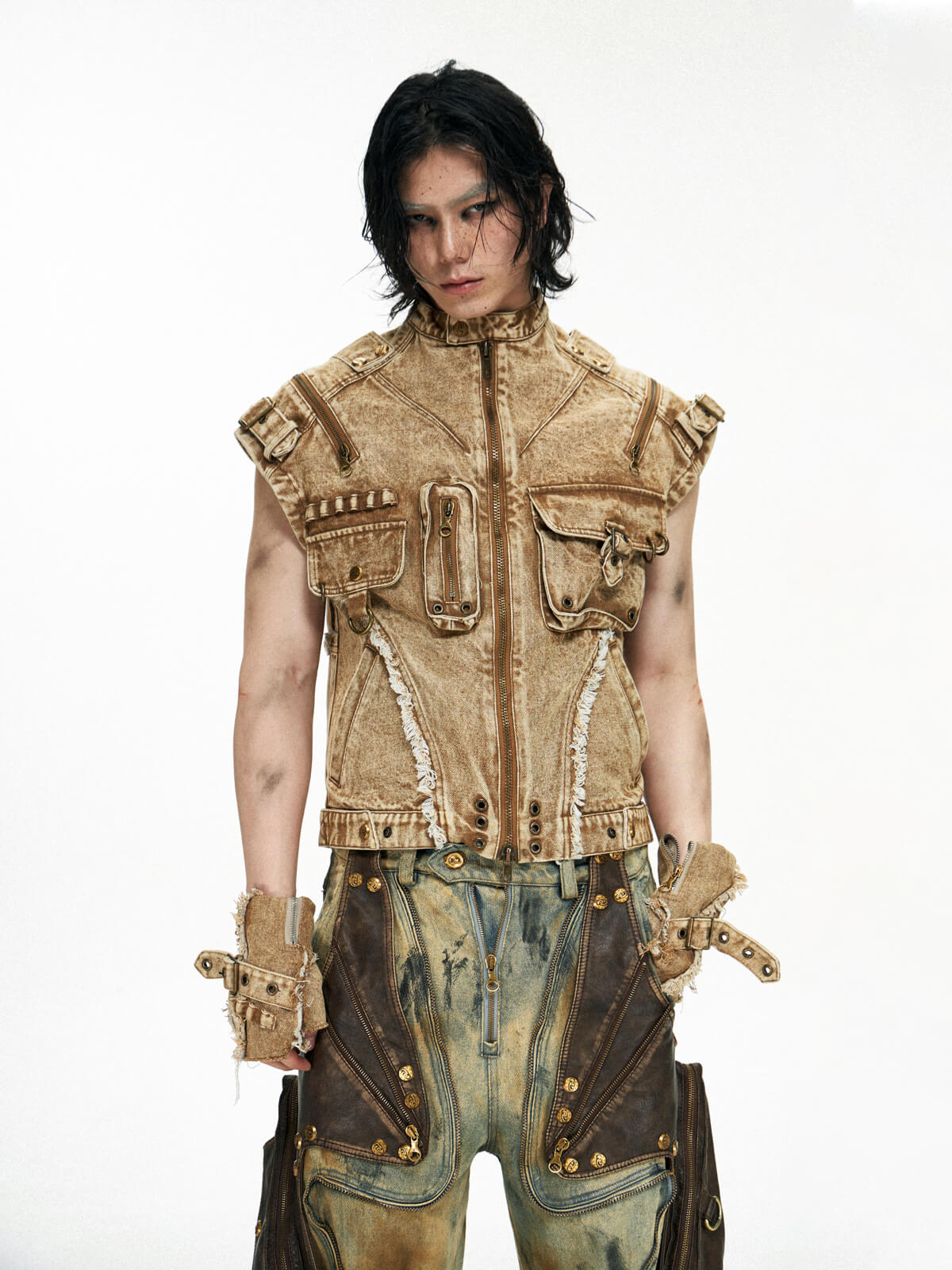 Personsoul Tactical Structure Denim Sleeveless Vest-IYAMIUIO