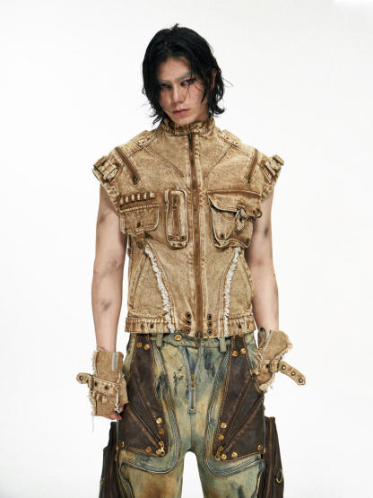 Personsoul Tactical Structure Denim Sleeveless Vest-IYAMIUIO