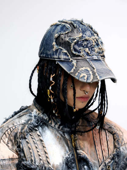 Personsoul Distressed Denim Baseball Cap-IYAMIUIO