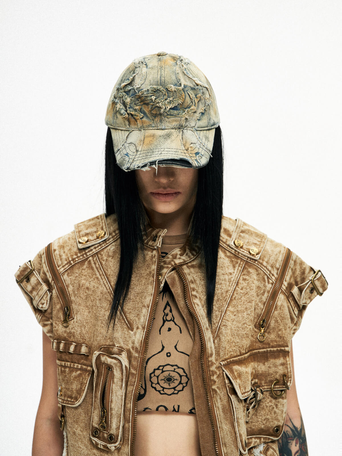 Personsoul Distressed Denim Baseball Cap-IYAMIUIO