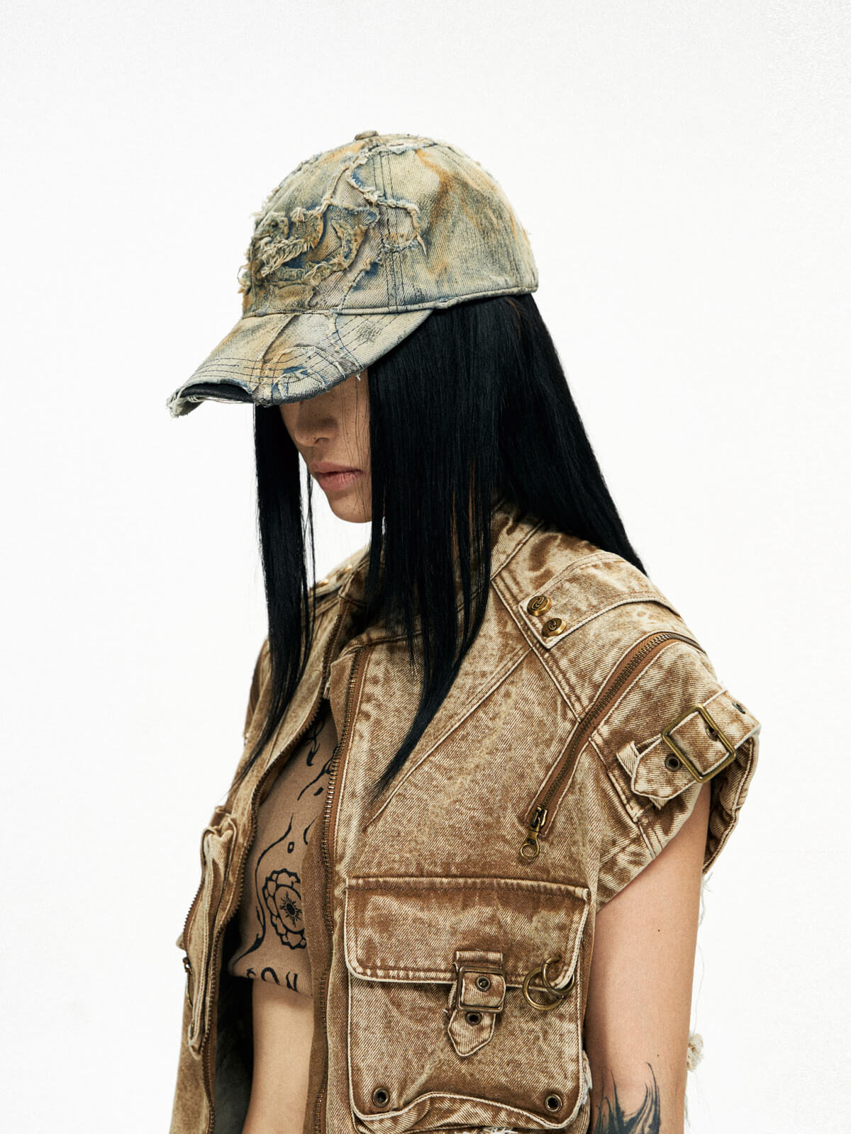 Personsoul Distressed Denim Baseball Cap-IYAMIUIO