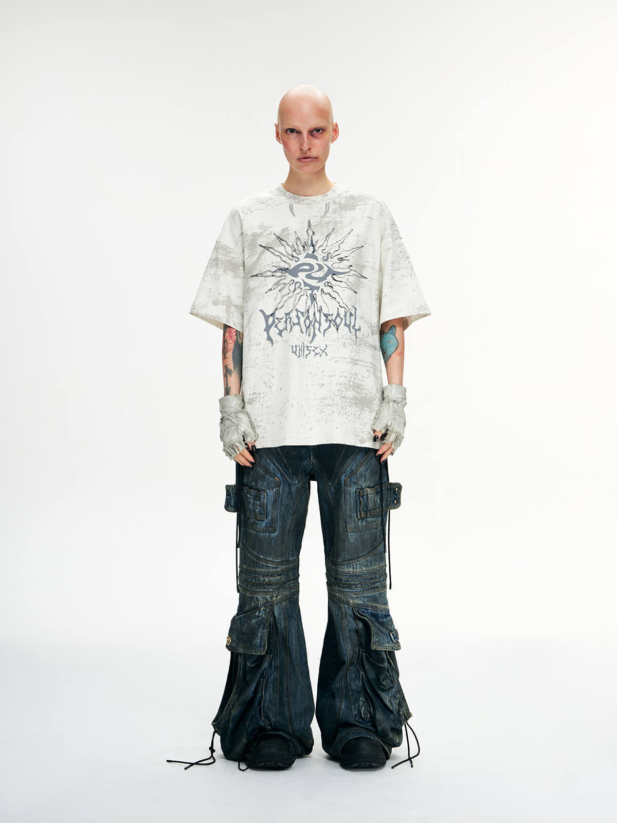 Personsoul Pocket Drawstring Washed Flared Jeans-IYAMIUIO