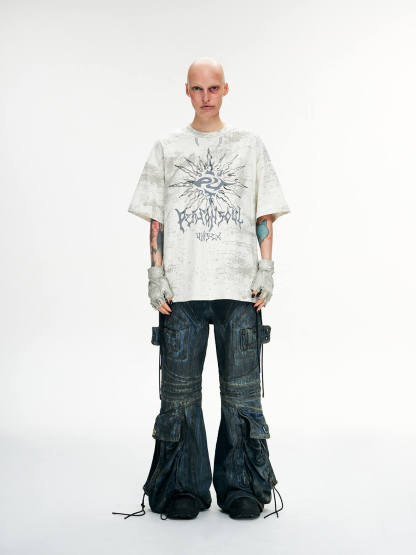 Personsoul Pocket Drawstring Washed Flared Jeans-IYAMIUIO