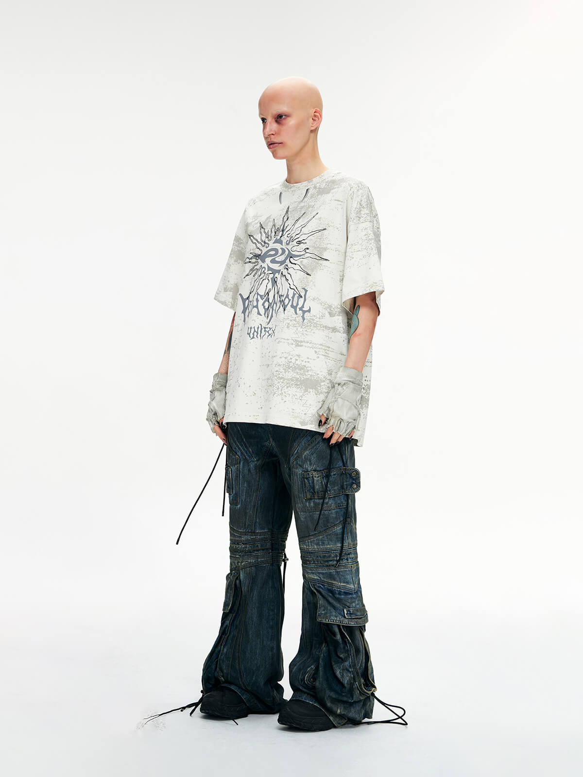 Personsoul Pocket Drawstring Washed Flared Jeans-IYAMIUIO