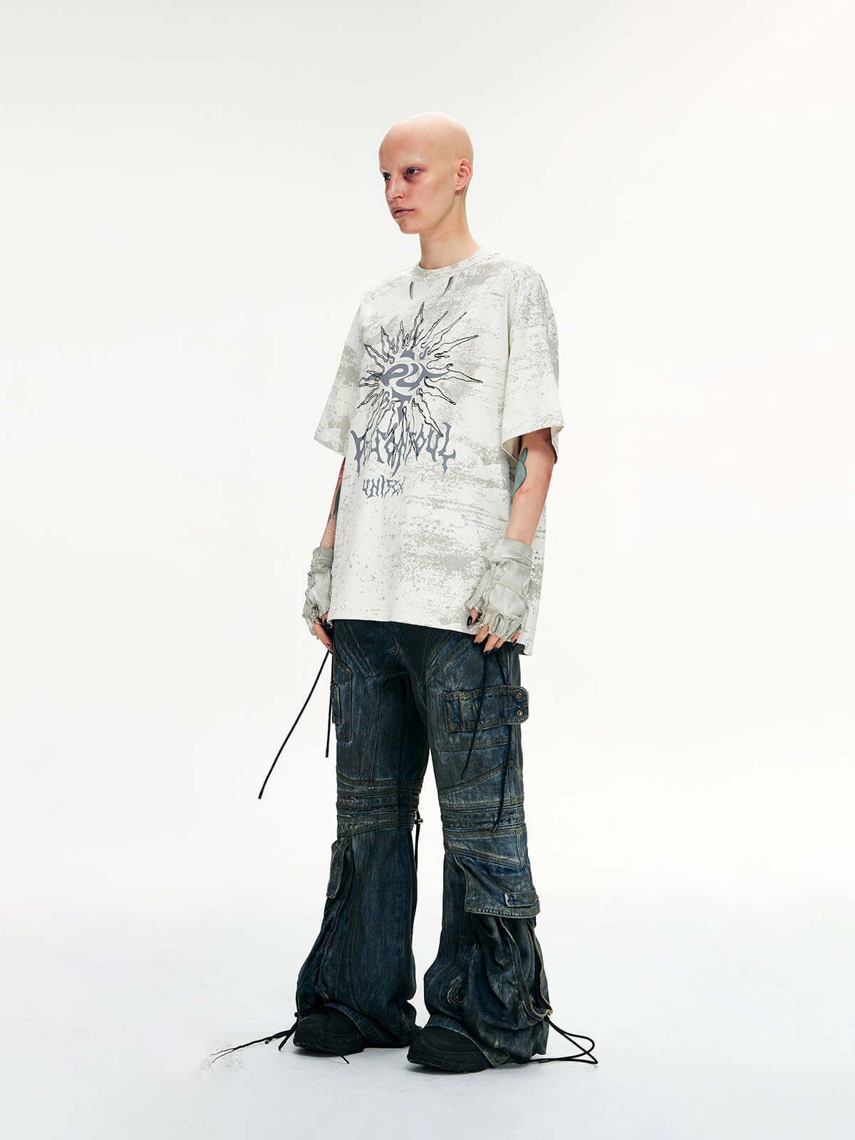 Personsoul Pocket Drawstring Washed Flared Jeans-IYAMIUIO