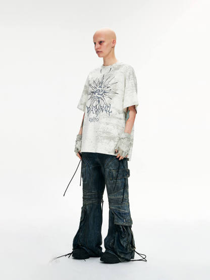 Personsoul Pocket Drawstring Washed Flared Jeans-IYAMIUIO