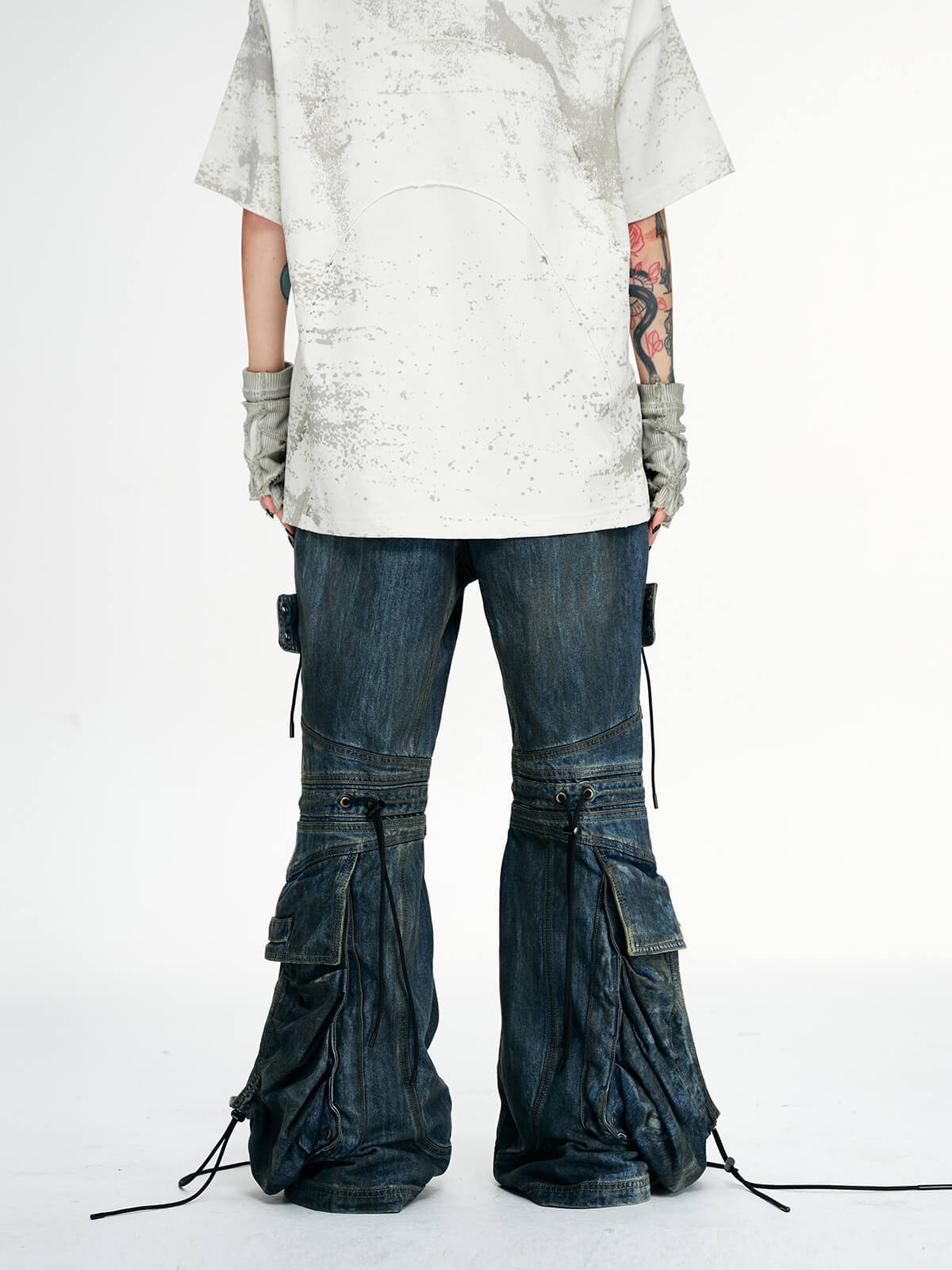 Personsoul Pocket Drawstring Washed Flared Jeans-IYAMIUIO