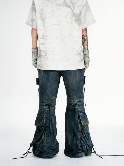 Personsoul Pocket Drawstring Washed Flared Jeans-IYAMIUIO