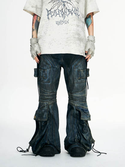 Personsoul Pocket Drawstring Washed Flared Jeans-IYAMIUIO