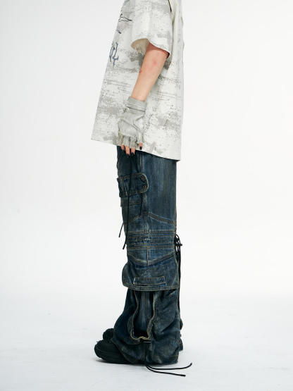 Personsoul Pocket Drawstring Washed Flared Jeans-IYAMIUIO