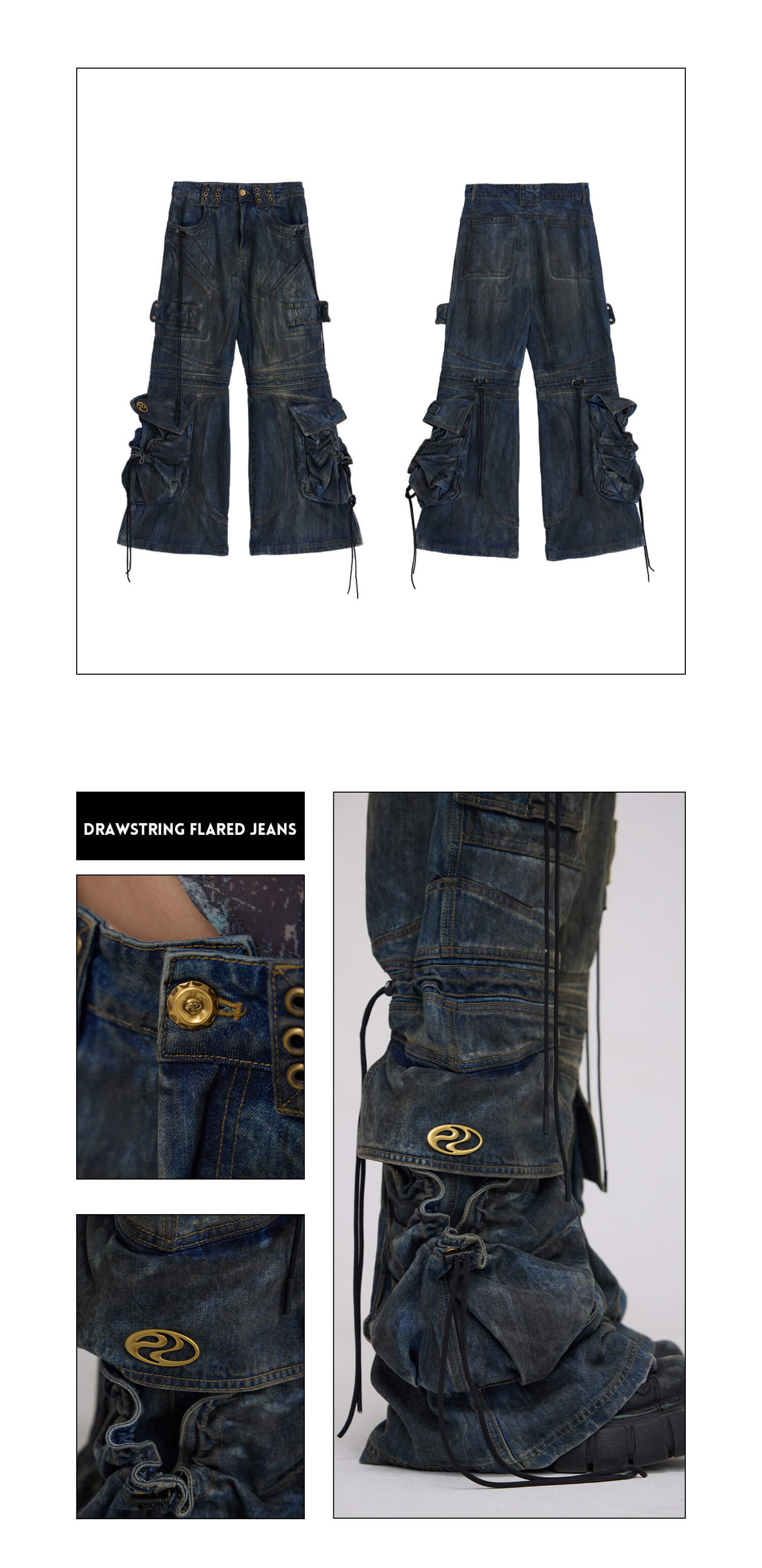 Personsoul Pocket Drawstring Washed Flared Jeans-IYAMIUIO