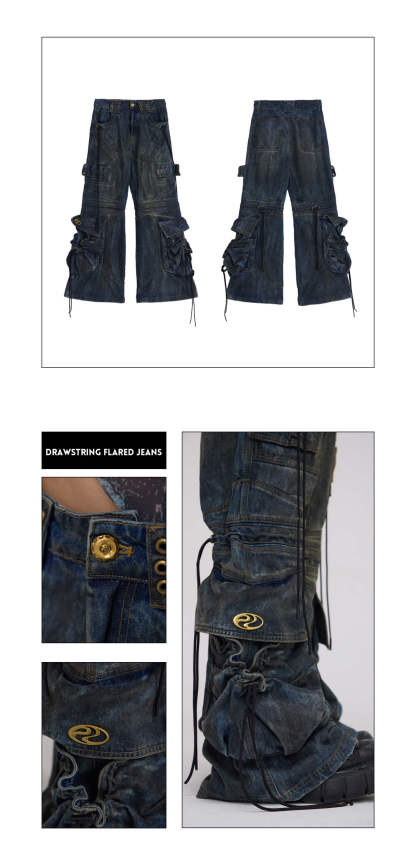 Personsoul Pocket Drawstring Washed Flared Jeans-IYAMIUIO