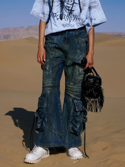 Personsoul Pocket Drawstring Washed Flared Jeans-IYAMIUIO