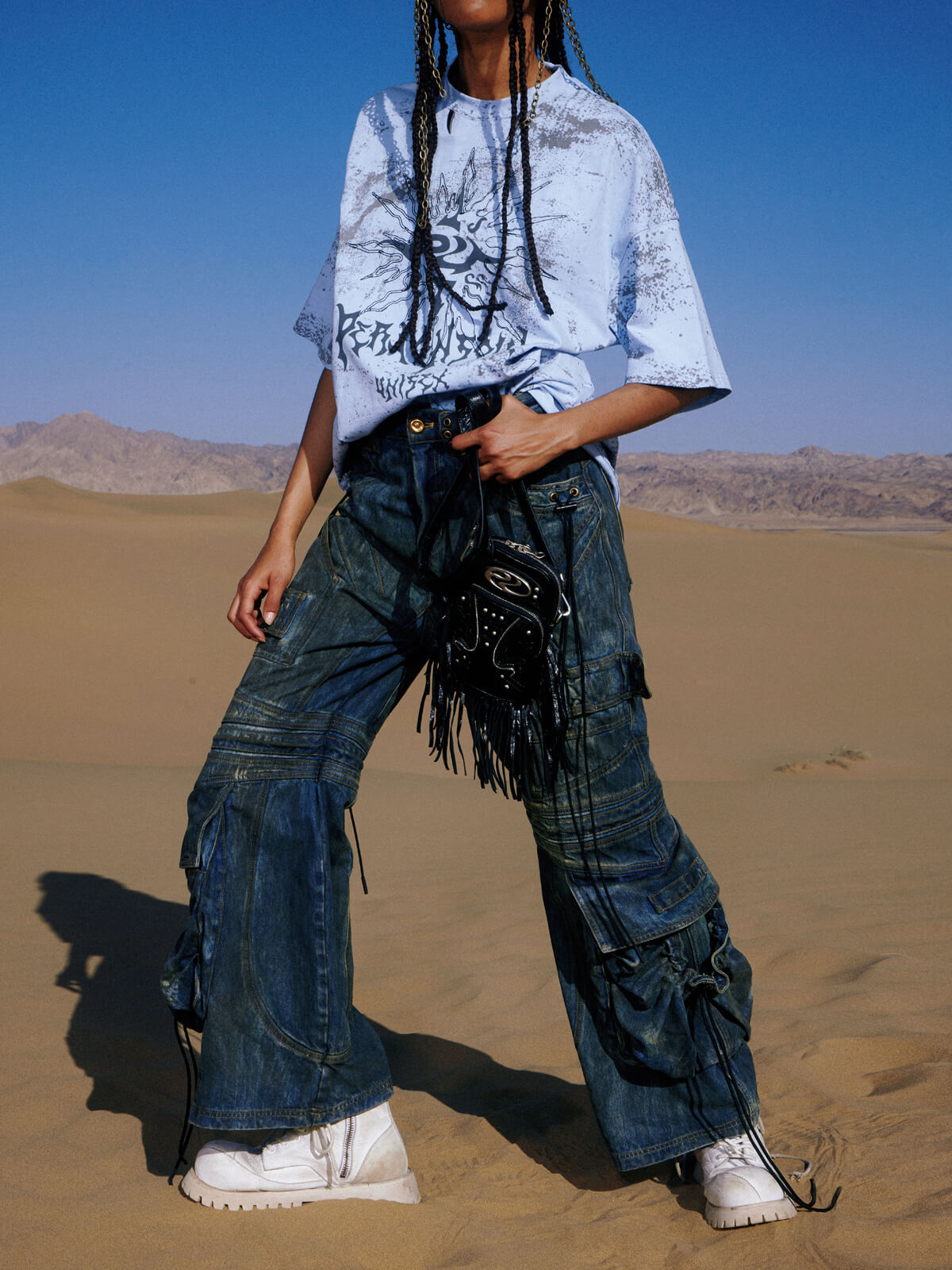 Personsoul Pocket Drawstring Washed Flared Jeans-IYAMIUIO