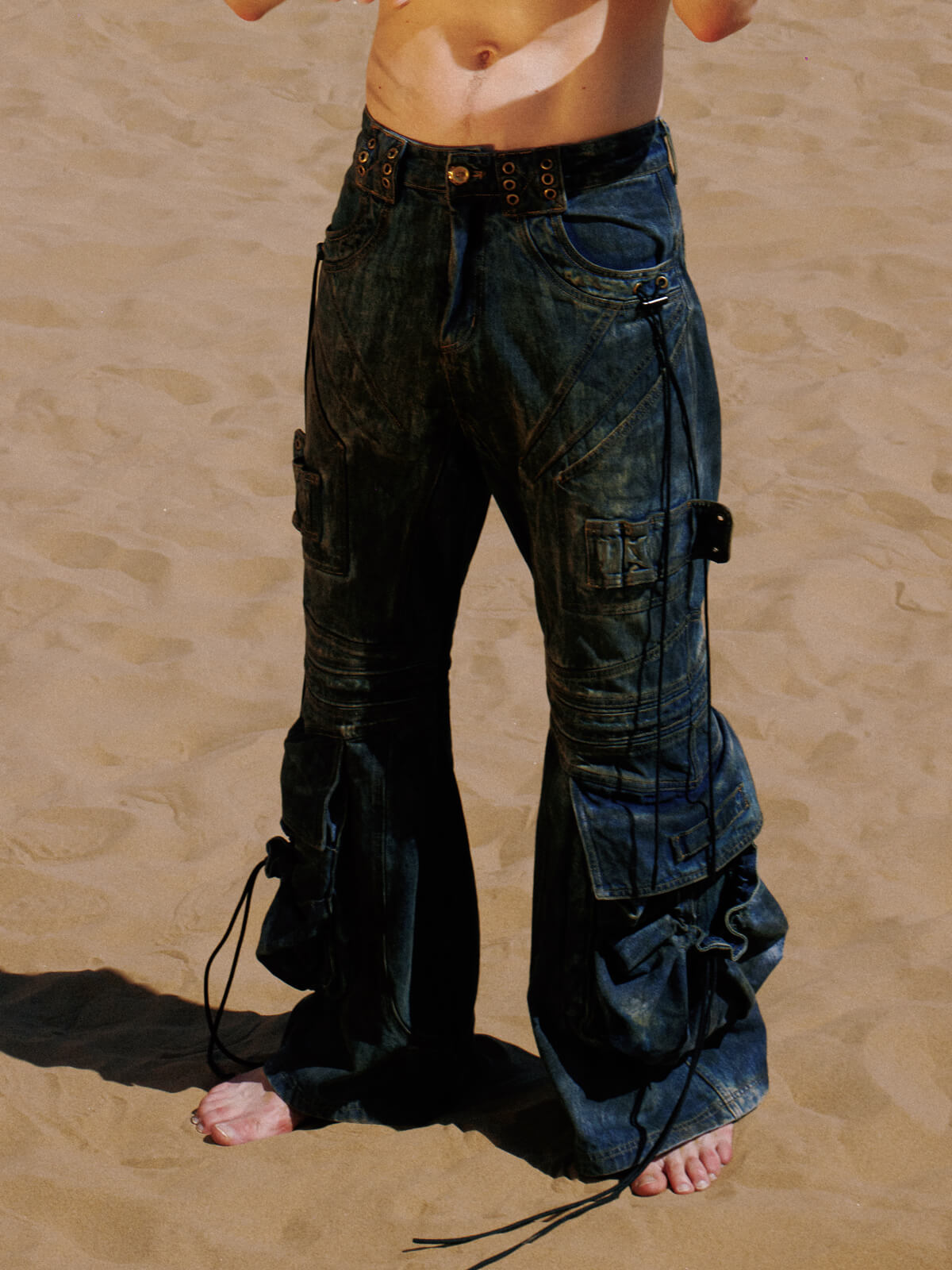 Personsoul Pocket Drawstring Washed Flared Jeans-IYAMIUIO