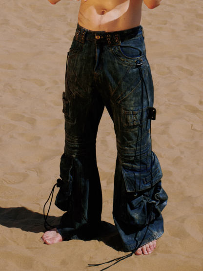 Personsoul Pocket Drawstring Washed Flared Jeans-IYAMIUIO