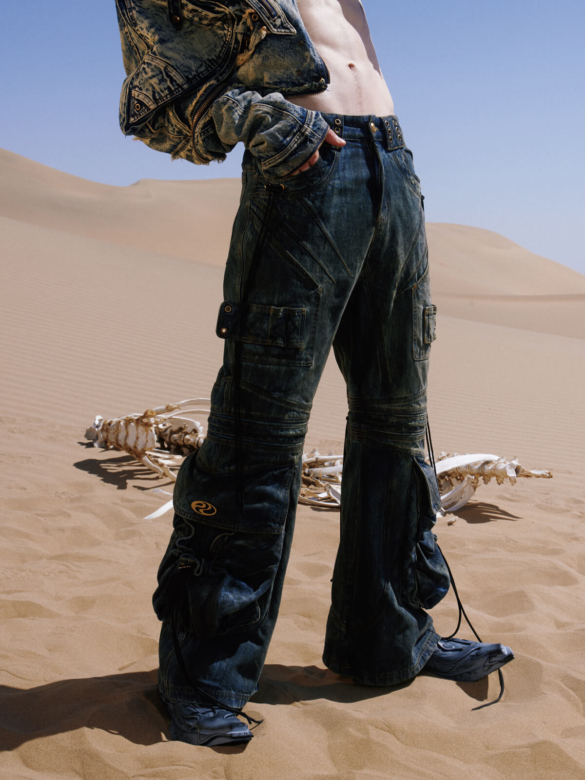 Personsoul Pocket Drawstring Washed Flared Jeans-IYAMIUIO